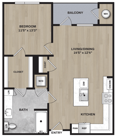 Floor plan for 1 bed, 1 bath, 804 sqft